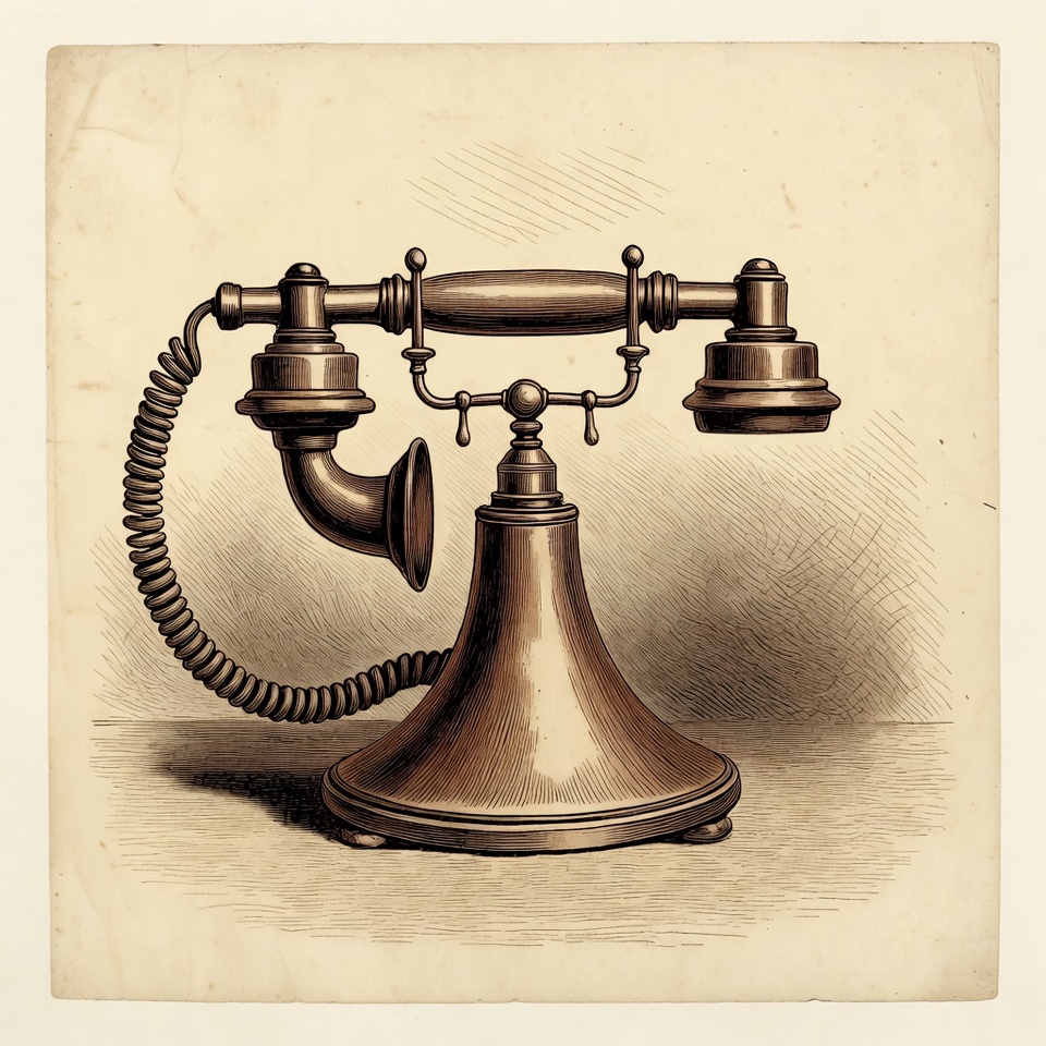 An old candlestick telephone on a writing desk.